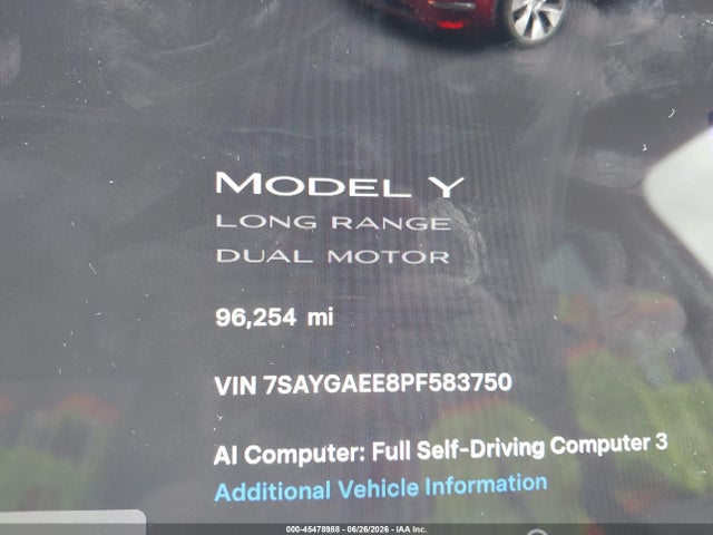 45478988 :رقم المزاد ، 7SAYGAEE8PF583750 vin ، 2023 Tesla Model Y Awd/long Range Dual Motor All-wheel Drive مزاد بيع