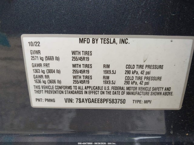 45478988 :رقم المزاد ، 7SAYGAEE8PF583750 vin ، 2023 Tesla Model Y Awd/long Range Dual Motor All-wheel Drive مزاد بيع