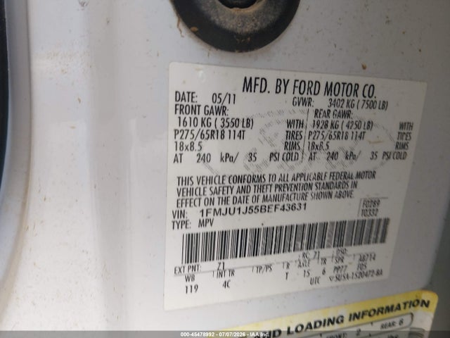 Продаж на аукціоні авто 2011 Ford Expedition King Ranch/xlt, vin: 1FMJU1J55BEF43631, номер лоту: 45478992