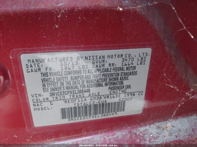 45479021 :رقم المزاد ، 3N1CE2CPXEL388449 vin ، 2014 Nissan Versa Note S Plus مزاد بيع