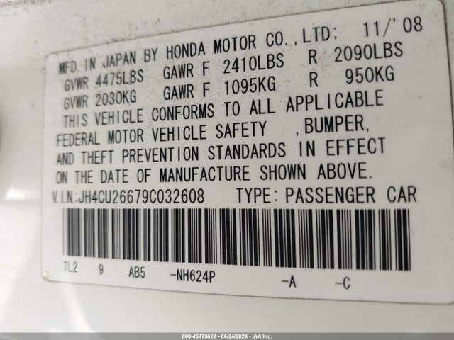 2009 Acura Tsx მანქანა იყიდება აუქციონზე, vin: JH4CU26679C032608, აუქციონის ნომერი: 45479028