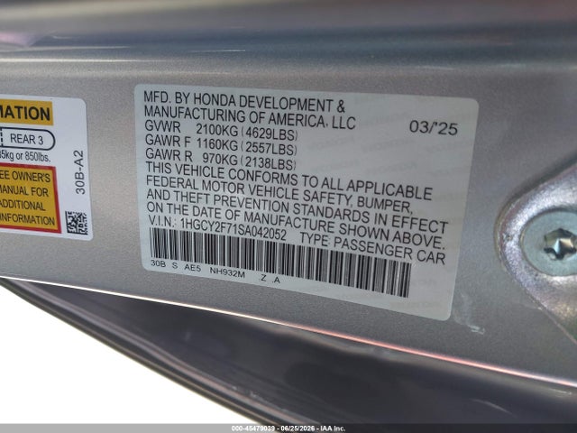 2025 Honda Accord Hybrid Sport-l მანქანა იყიდება აუქციონზე, vin: 1HGCY2F71SA042052, აუქციონის ნომერი: 45479039