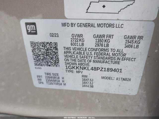 45479043 :رقم المزاد ، 1GKKNKL48PZ189401 vin ، 2023 Gmc Acadia Fwd Sle مزاد بيع