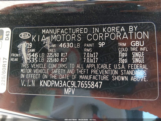 45479048 :رقم المزاد ، KNDPM3AC9L7655847 vin ، 2020 Kia Sportage Lx مزاد بيع