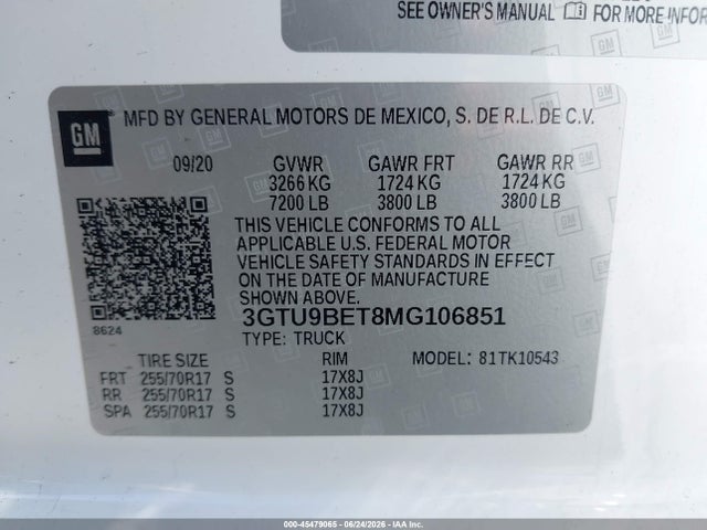 3GTU9BET8MG106851 GMC Sierra 1500 4wd Short Box Sle