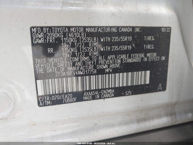 Aukcja sprzedaży 2022 Toyota Rav4 Xle Premium, vin: 2T3A1RFV4NW317758, numer aukcji: 45479109