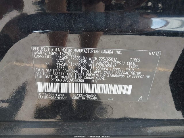 Aukcja sprzedaży 2012 Toyota Rav4 Limited V6, vin: 2T3DK4DV5CW066360, numer aukcji: 45479117