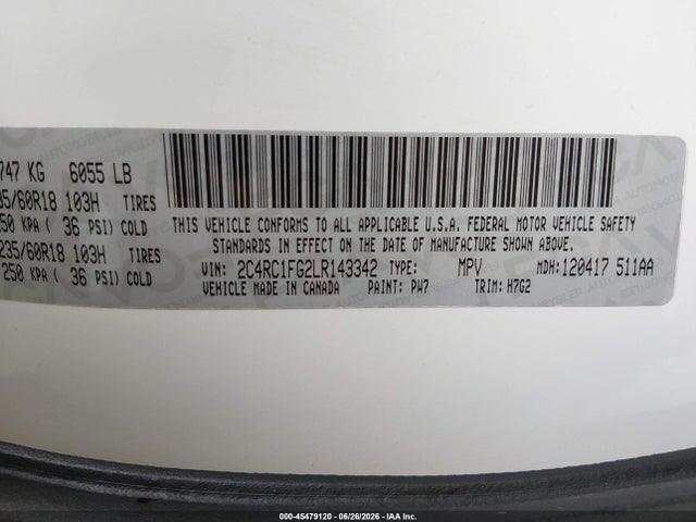 2020 Chrysler Pacifica Touring მანქანა იყიდება აუქციონზე, vin: 2C4RC1FG2LR143342, აუქციონის ნომერი: 45479120