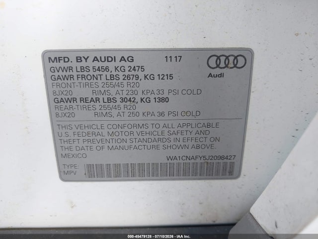 Aukcja sprzedaży 2018 Audi Q5 2.0t Premium/2.0t Tech Premium, vin: WA1CNAFY5J2098427, numer aukcji: 45479128