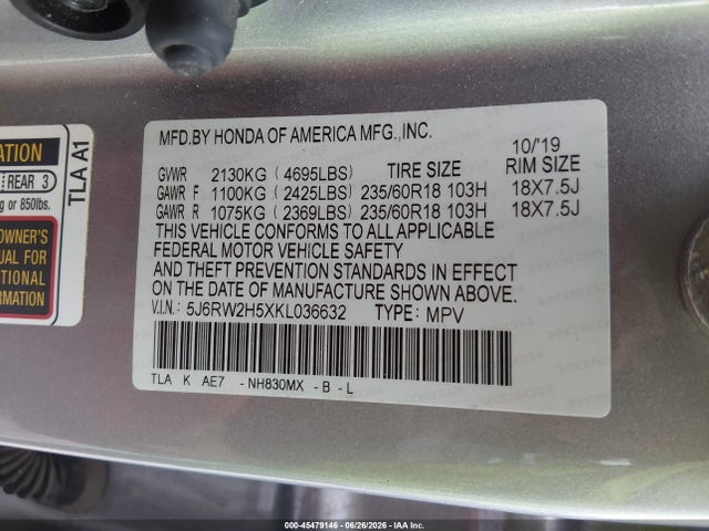 Aukcja sprzedaży 2019 Honda Cr-v Ex, vin: 5J6RW2H5XKL036632, numer aukcji: 45479146