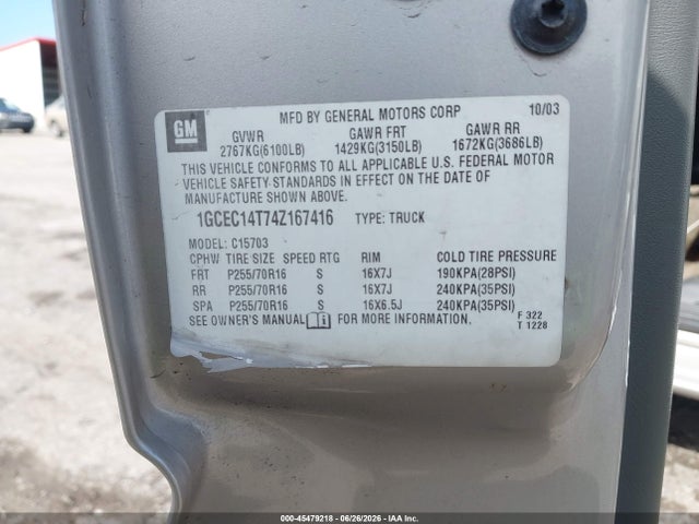 Продаж на аукціоні авто 2004 Chevrolet Silverado 1500 Ls, vin: 1GCEC14T74Z167416, номер лоту: 45479218