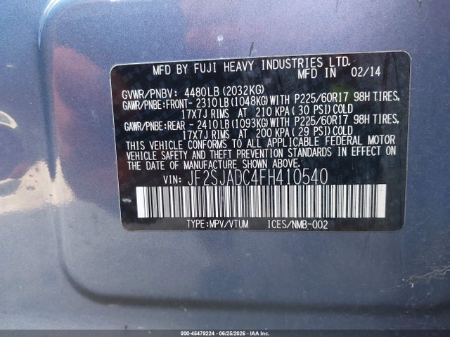 2015 Subaru Forester 2.5i Premium მანქანა იყიდება აუქციონზე, vin: JF2SJADC4FH410540, აუქციონის ნომერი: 45479224