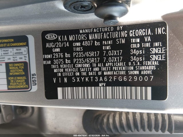 45479241 :رقم المزاد ، 5XYKT3A62FG629007 vin ، 2015 Kia Sorento Lx مزاد بيع