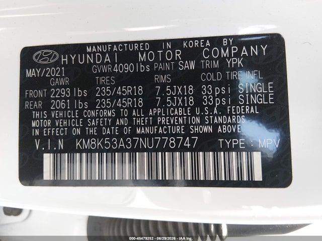 KM8K53A37NU778747 Hyundai Kona Limited