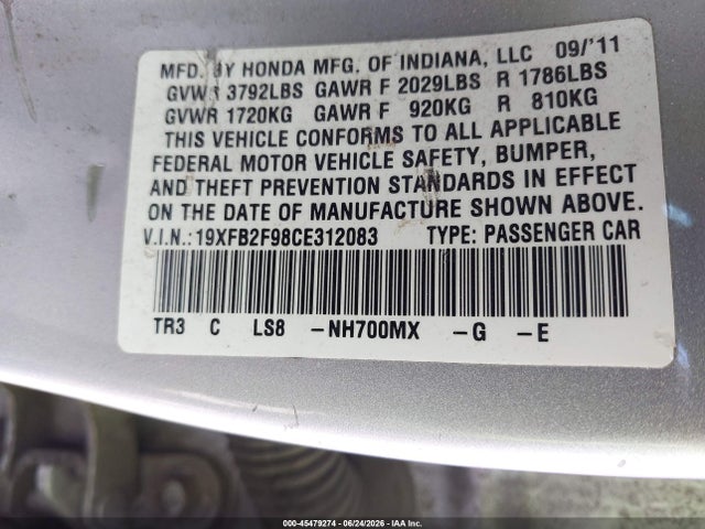 2012 Honda Civic Ex-l მანქანა იყიდება აუქციონზე, vin: 19XFB2F98CE312083, აუქციონის ნომერი: 45479274