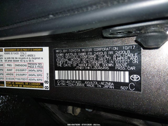 JTNB11HK1J3046496 Toyota CAMRY LE