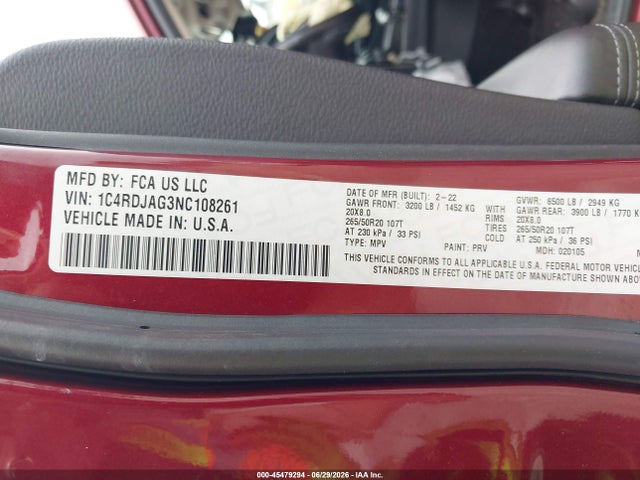 Aukcja sprzedaży 2022 Dodge Durango Sxt Awd, vin: 1C4RDJAG3NC108261, numer aukcji: 45479294
