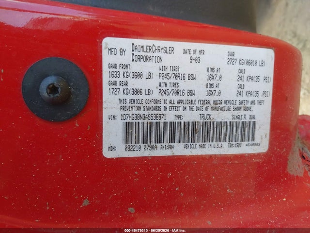 Продажа на аукционе авто 2004 Dodge Dakota Sport/sxt, vin: 1D7HG38N34S538871, номер лота: 45479310