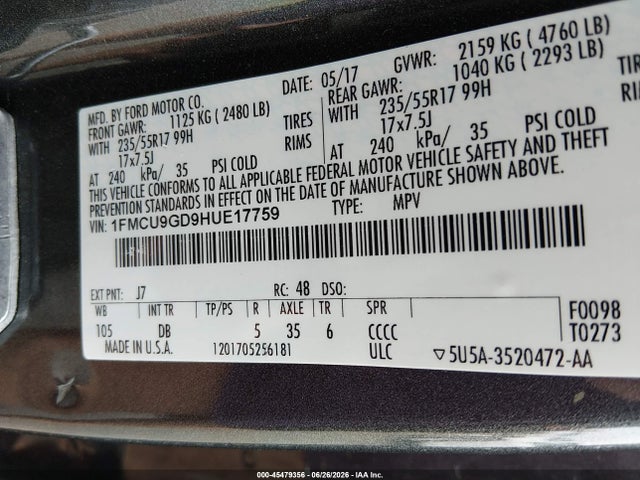 Ford ESCAPE SE 2017 1FMCU9GD9HUE17759 Image 9