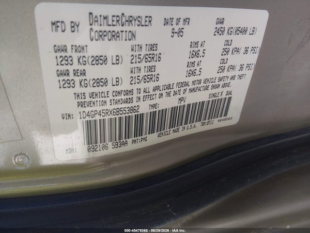 2006 Dodge Caravan Sxt მანქანა იყიდება აუქციონზე, vin: 1D4GP45RX6B553862, აუქციონის ნომერი: 45479368