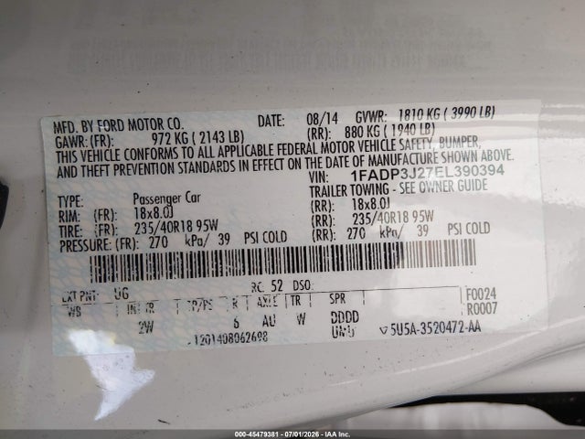 Продажа на аукционе авто 2014 Ford Focus Titanium, vin: 1FADP3J27EL390394, номер лота: 45479381