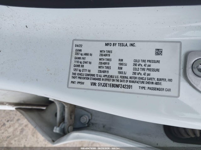 Aukcja sprzedaży 2022 Tesla Model 3 Long Range Dual Motor All-wheel Drive, vin: 5YJ3E1EB0NF242391, numer aukcji: 45479399