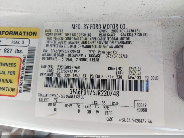 Aukcja sprzedaży 2018 Ford Fusion Se, vin: 3FA6P0H75JR220748, numer aukcji: 45479403