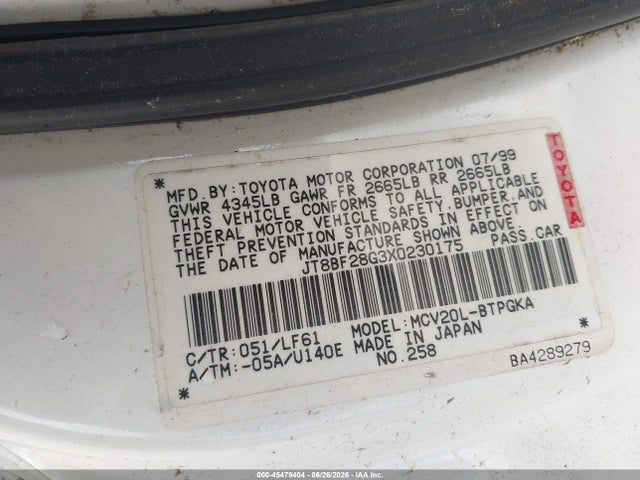 Aukcja sprzedaży 1999 Lexus Es 300, vin: JT8BF28G3X0230175, numer aukcji: 45479404
