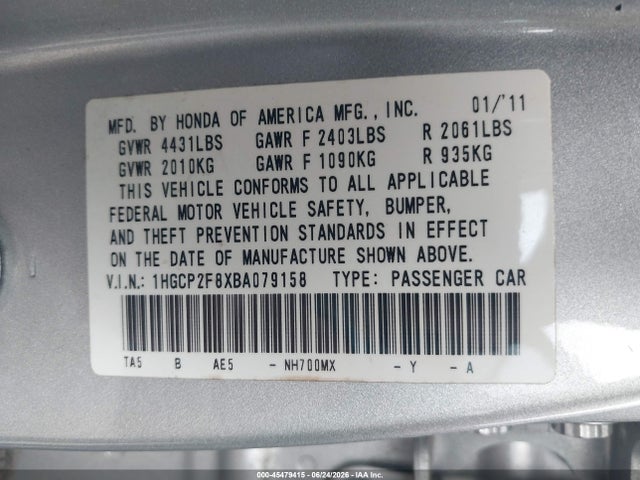 2011 Honda Accord 2.4 Ex-l მანქანა იყიდება აუქციონზე, vin: 1HGCP2F8XBA079158, აუქციონის ნომერი: 45479415