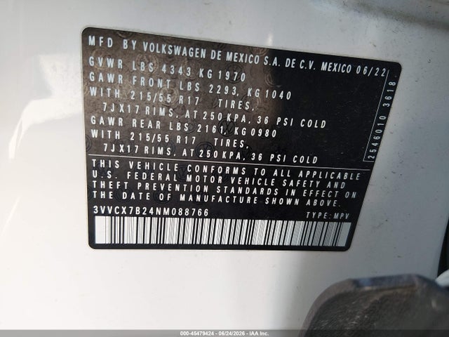 2022 Volkswagen Taos 1.5t S მანქანა იყიდება აუქციონზე, vin: 3VVCX7B24NM088766, აუქციონის ნომერი: 45479424