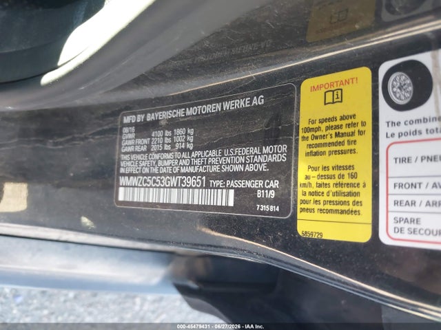 45479431 :رقم المزاد ، WMWZC5C53GWT39651 vin ، 2016 Mini Countryman Cooper S مزاد بيع