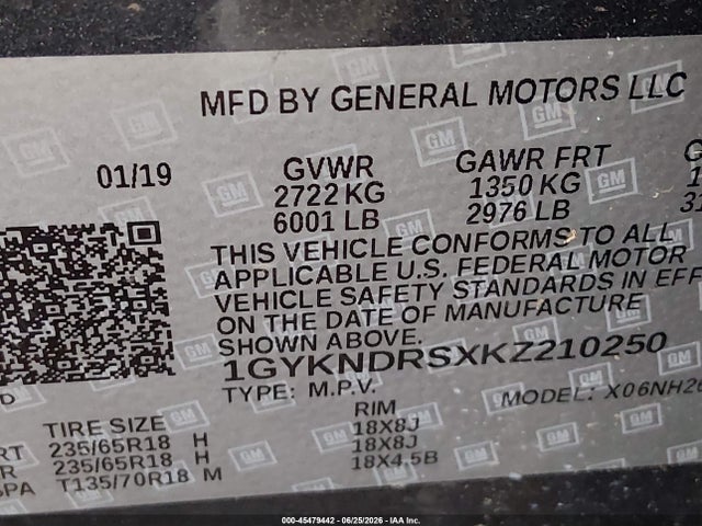 Aukcja sprzedaży 2019 Cadillac Xt5 Luxury, vin: 1GYKNDRSXKZ210250, numer aukcji: 45479442