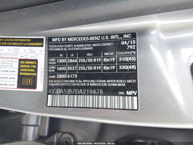 45479450 :رقم المزاد ، 4JGDA5JB7DA219478 vin ، 2013 Mercedes-benz Ml 350 مزاد بيع