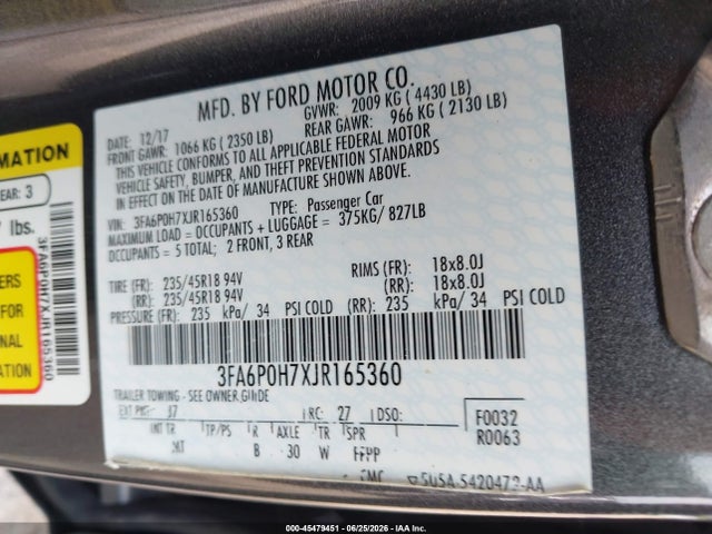 2018 Ford Fusion Se მანქანა იყიდება აუქციონზე, vin: 3FA6P0H7XJR165360, აუქციონის ნომერი: 45479451