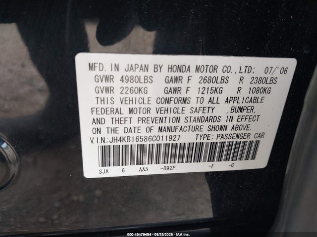 2006 Acura Rl 3.5 მანქანა იყიდება აუქციონზე, vin: JH4KB16586C011927, აუქციონის ნომერი: 45479454