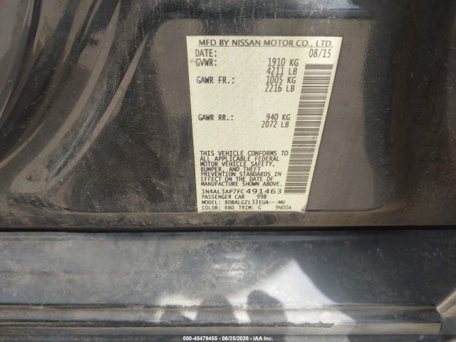 Aukcja sprzedaży 2015 Nissan Altima 2.5 S, vin: 1N4AL3AP7FC491463, numer aukcji: 45479455