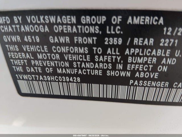 Aukcja sprzedaży 2017 Volkswagen Passat 1.8t R-line, vin: 1VWDT7A39HC039428, numer aukcji: 45479497