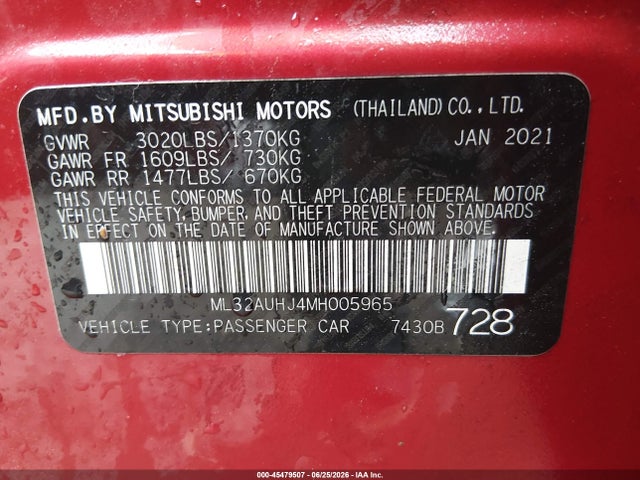 45479507 :رقم المزاد ، ML32AUHJ4MH005965 vin ، 2021 Mitsubishi Mirage Carbonite Edition/es/le مزاد بيع