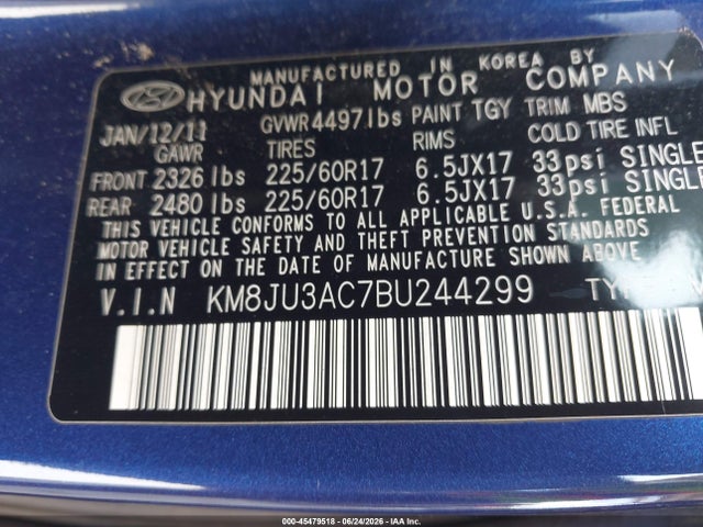 Продажа на аукционе авто 2011 Hyundai Tucson Gls, vin: KM8JU3AC7BU244299, номер лота: 45479518