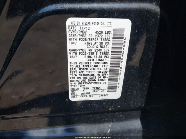 Продаж на аукціоні авто 2013 Nissan Rogue Sv W/sl Pkg, vin: JN8AS5MV2DW616176, номер лоту: 45479519