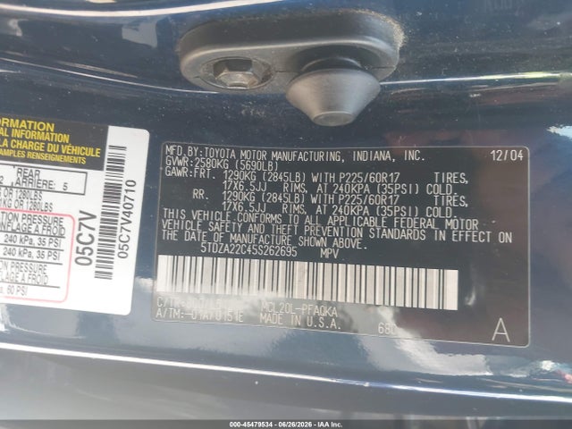 45479534 :رقم المزاد ، 5TDZA22C45S262695 vin ، 2005 Toyota Sienna Xle/xle Limited مزاد بيع