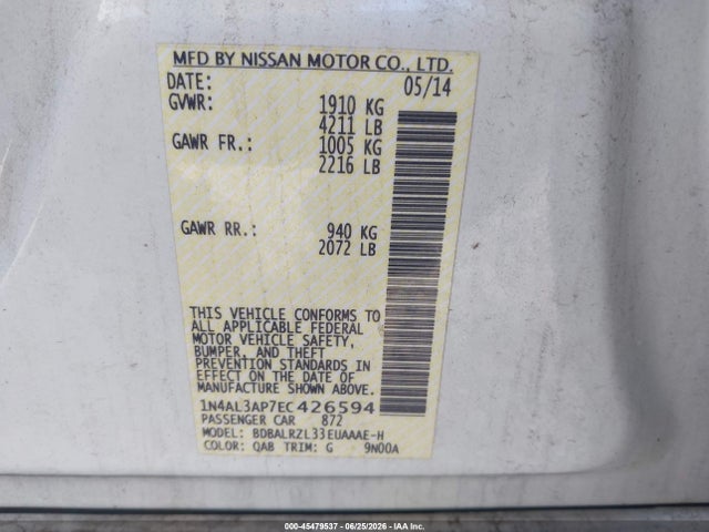 Aukcja sprzedaży 2014 Nissan Altima 2.5 S, vin: 1N4AL3AP7EC426594, numer aukcji: 45479537
