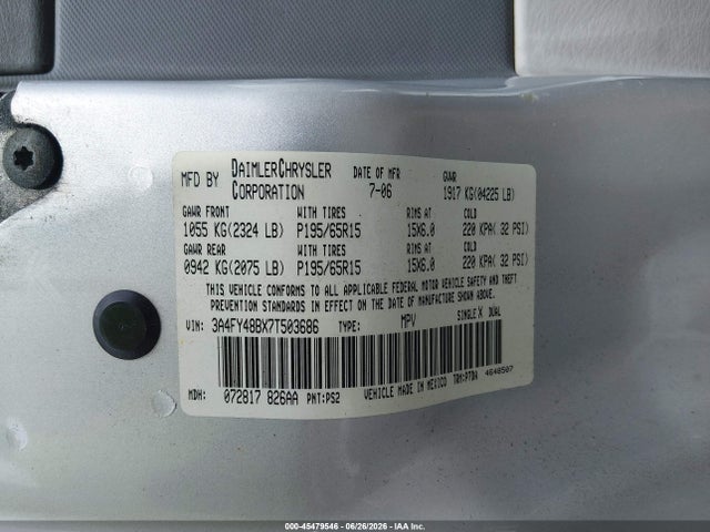 45479546 :رقم المزاد ، 3A4FY48BX7T503686 vin ، 2007 Chrysler Pt Cruiser مزاد بيع