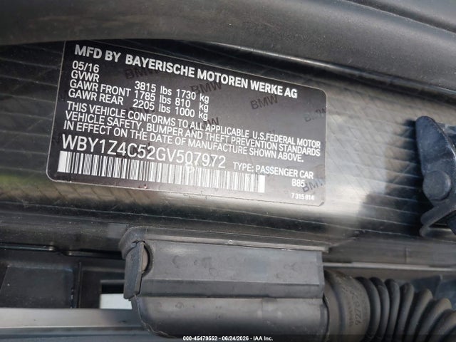 Aukcja sprzedaży 2016 Bmw I3 Base W/range Extender, vin: WBY1Z4C52GV507972, numer aukcji: 45479552