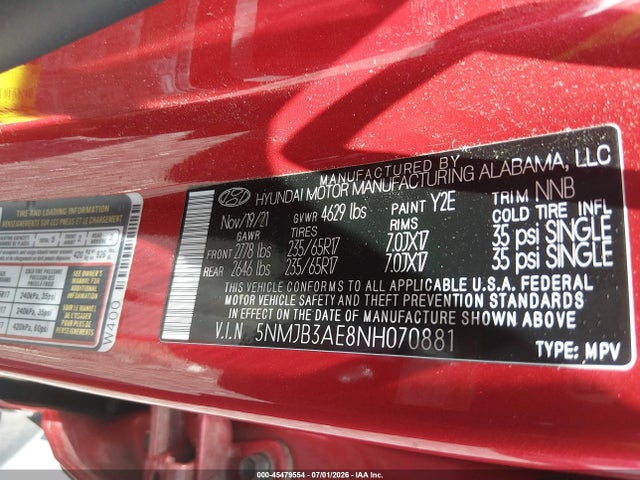 Продажа на аукционе авто 2022 Hyundai Tucson Sel, vin: 5NMJB3AE8NH070881, номер лота: 45479554