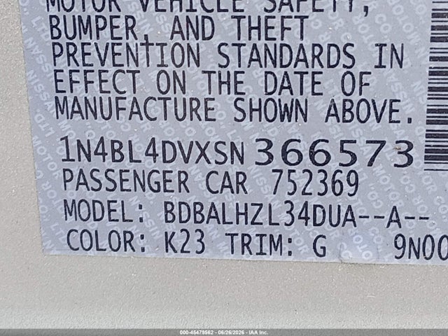 1N4BL4DVXSN366573 Nissan Altima Sv Fwd