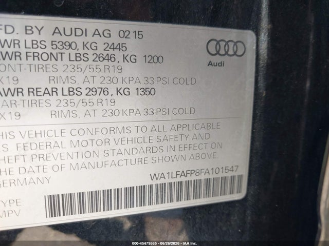 Продажа на аукционе авто 2015 Audi Q5 2.0t Premium, vin: WA1LFAFP8FA101547, номер лота: 45479565