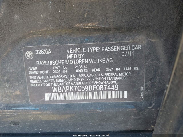 2011 Bmw 328i Xdrive მანქანა იყიდება აუქციონზე, vin: WBAPK7C59BF087449, აუქციონის ნომერი: 45479575