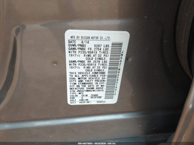 Nissan MURANO S 2014 JN8AZ1MWXEW519418 Image 9
