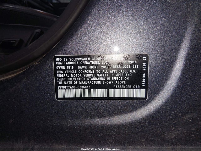Aukcja sprzedaży 2017 Volkswagen Passat 1.8t Se, vin: 1VWGT7A33HC035016, numer aukcji: 45479629